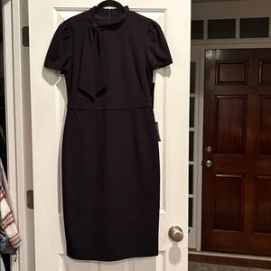 NWT Black dress, short sleeves, below knee, bow detail, size 8